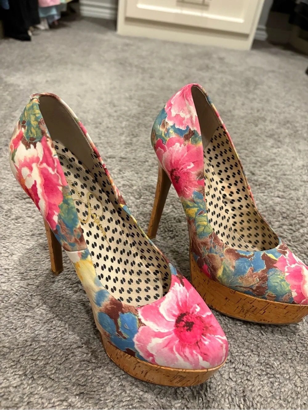 Jessica Simpson Pink Floral Cork Platform Pumps
